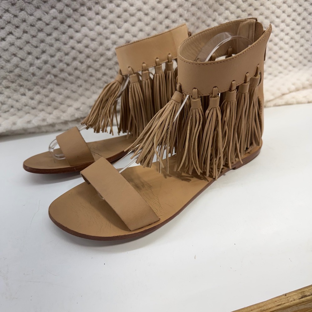 Loeffler Randall Fringe Tassel Gladiator Sandals Womens 7B Tan Leather Flat Zip